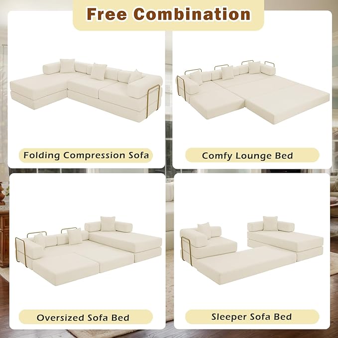 108 W Corduroy Modular Cloud Couch with Fixed-Shape Frame Oversized L-Shaped Sectional Sleeper Sofa Bed with Pull Out Bed No Assembly Modern Floor Boneless Couch for Living Room (Beige)