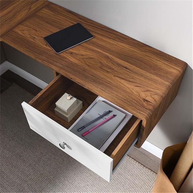 Modway Transmit 55 Wall Mount Corner Wood Office Desk in Walnut/White