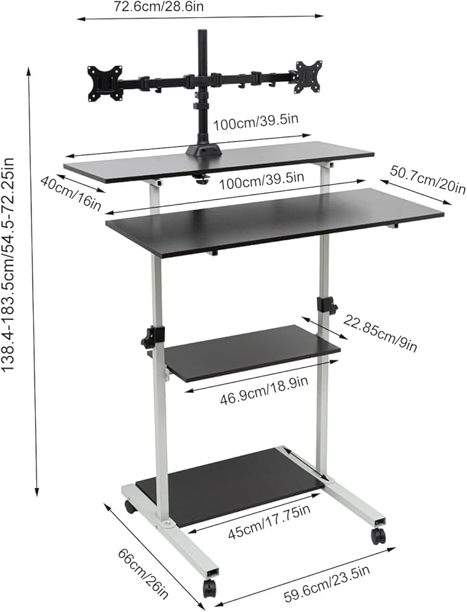 Mobile Standing Desk 4 Tiers Floor Mount Stand up Desk Adjustable Height 54.5-72.25inch Rolling Laptop Cart with 4 Universal Wheels Portable Writing Desk for Office Living Room Study Room