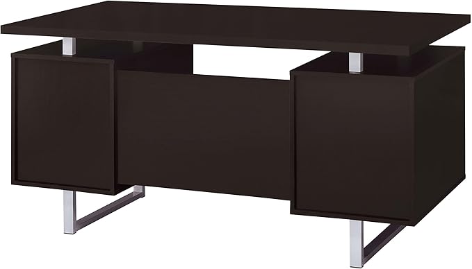Pemberly Row 2-Drawer Wood Office Desk 60 in W x 30 in H Cappuccino and Silver Finish Metal Base Storage Drawer and Cabinet Contemporary Home Office Desk for Organization and Workspaces
