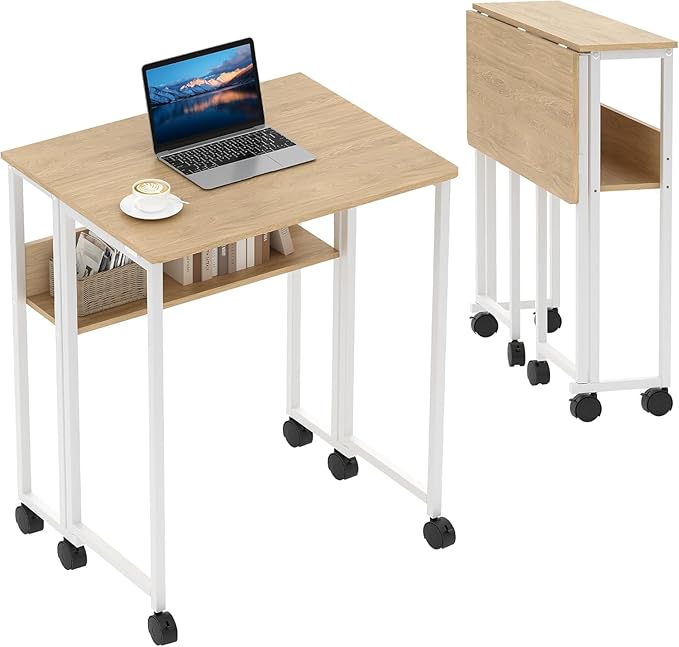 Folding Rolling Desk with Storage Shelf Space-Saving Foldable Computer Table on Wheels Sturdy Steel Frame Portable Sofa Table for Small Spaces Home Office