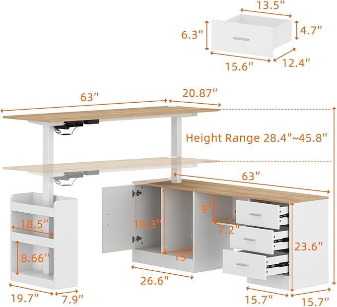 Homsee Home Office L Shaped Electric Standing Desk with Drawers and Shelves Height Adjustable Stand up Desk 63 Computer Executive Corner Table Oak &amp White