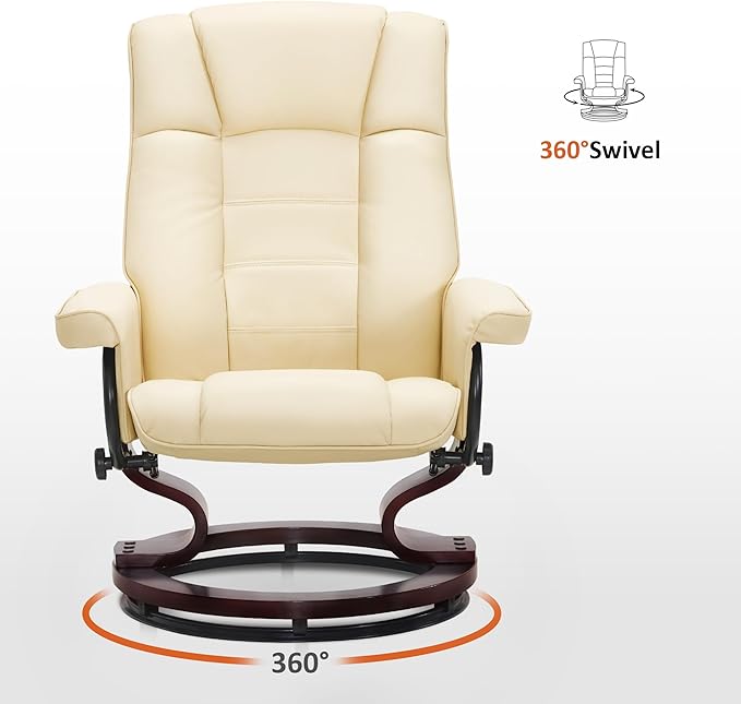 MCombo Manual Swivel Recliner with Ottoman Chair Ottoman Set for RV Small Spaces Living Room Bedroom Office 9019 4919 (Faux Leather Cream White)
