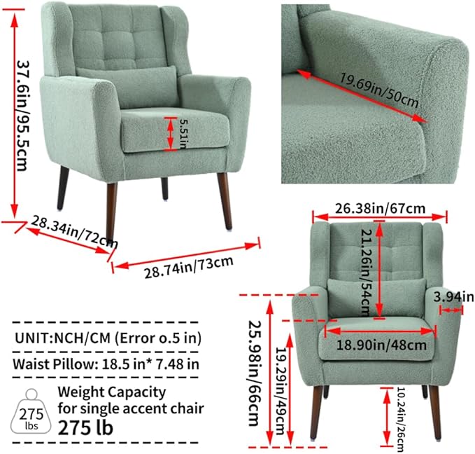 Modern Accent ChairChenille Arm Chairs for Living RoomUpholstered Mordern ArmchairComfy Soft Padded Lounge Chair in Small Space Bedroom w/Pillow Solid Wood Leg (Light Green +Teddy)
