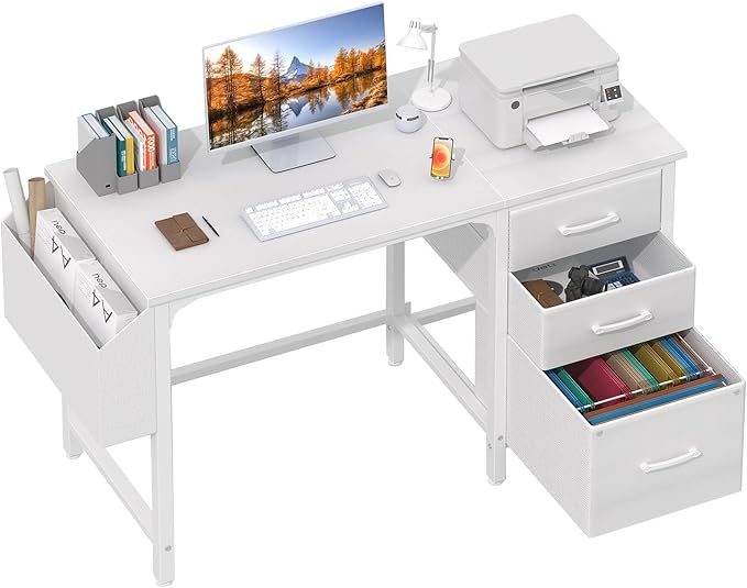 Lufeiya White Desk with File Drawers Cabinet 47 Inch Reversible Computer Desk with Fabric Filing Cabinet for Bedroom Small Space Home Office Modern Writing Table PC Desks White