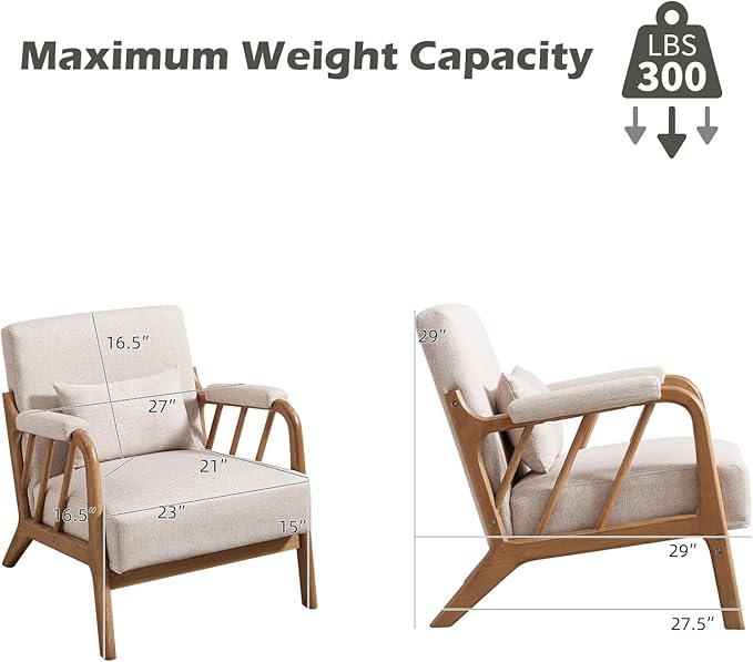 INZOY Mid Century Modern Accent Chair with Wood Frame Upholstered Reading Armchair with Soft Linen Fabric Accent Chair for Living Room Bedroom Apartment Easy Assembly Beige