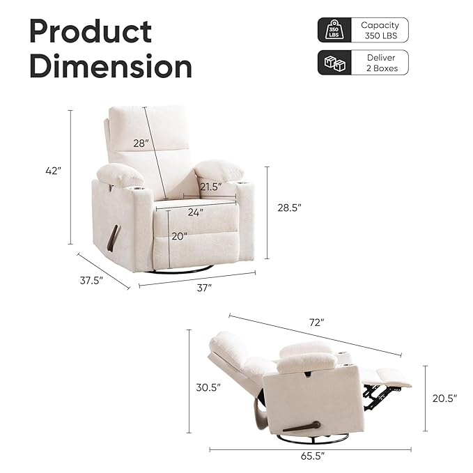 Swivel Rocker Recliner with Adjustable Armrests Rocking Nursery Chair with Adjustable Headrest Cup Holder Manual Recliner Nursing Chair for Breastfeeding Chenille White