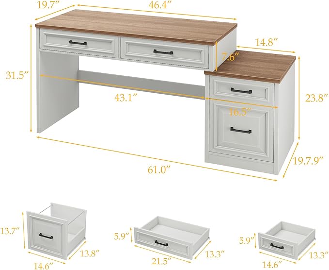 Vabches 61 Farmhouse Computer Desk with Storage and File Drawer Executive Desks with Printer Stand Rustic Large Home Writing Desk for Home Office.