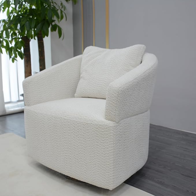 Modern 360 Degree Swivel Sofa Chair Round Armchairs with High Backrest and Upholstered Beige Fabric Accent Chair for Living Room Bedroom Office