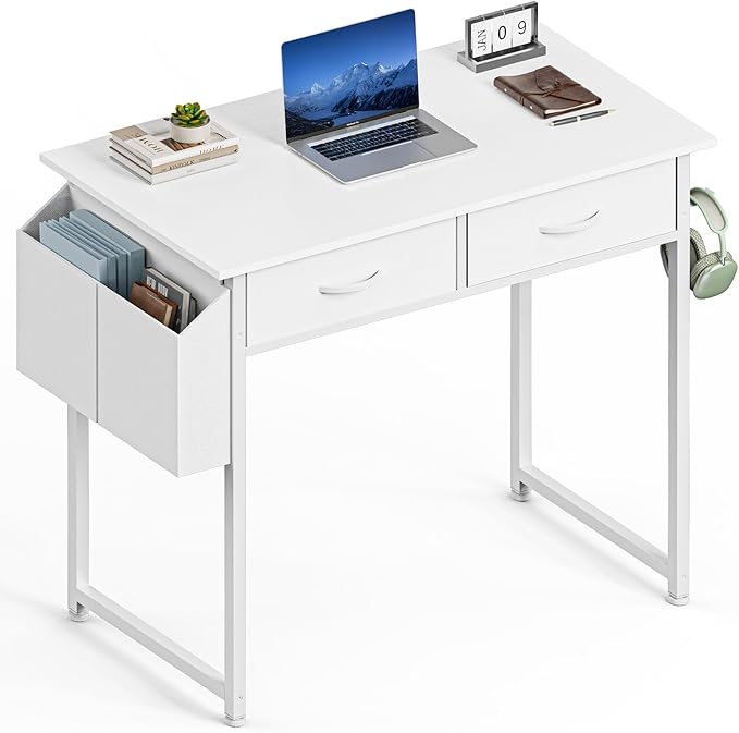 Sweetcrispy Computer Desk Small 32 Inch Home Office Bedroom Writing Study PC Table with Fabric Storage Drawers Space Side Bag Headphone Hook Metal Frame Adjustable Feet Modern Simple Style White Wood