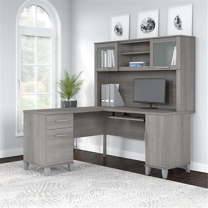 Pemberly Row 60W L Shaped Desk with Hutch Platinum Gray Finish Thermally Fused Laminate Storage Cabinet File Drawer Adjustable Shelves Home Office Desk for Computer and Organization