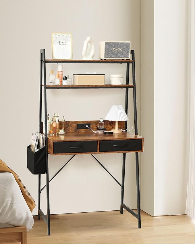 Kathy&ampBob Small Home Office Study Desk - Freestanding Ladder Design with Fabric Drawers &amp Side Bag - Modern Vanity Makeup Desk - 2 Tier Shelf &amp Computer Gaming Station