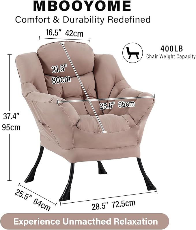 Lazy Chair Modern Soft Reading Chair Accent Contemporary Sofa Chair with Armrests and a Side Pocket for Living Room Bedroom Dorm &amp Office Khaki
