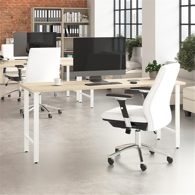 Pemberly Row Computer Desk Engineered Wood 72W x 24D Natural Elm Finish Built-in Wire Management Metal Legs with Adjustable Levelers Durable Home Office Desk for Workstations