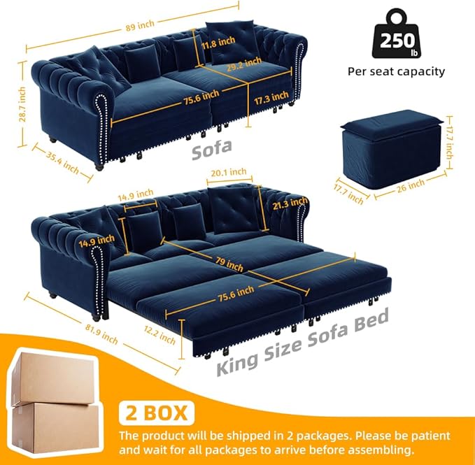 89 King Size Sleeper Sofa Bed 3-in-1 Convertible Pull Out Chesterfield Sleeper Couch with Ottoman Oversized Velvet Button Tufted L Shaped Sofa for Living Room Small Spaces Blue