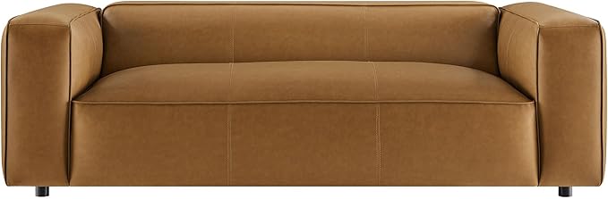 Modway Auren Vegan Leather Sofa in Camel - Faux Leather 3 Seater Couch - 88 Inch Comfy Modern PU Leather Sofa - Oversized Mid Century Modern Couch for Living Room Apartment Loft