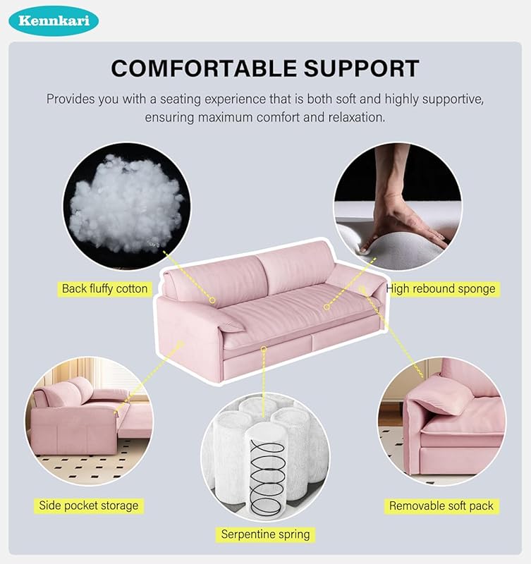 66 Queen Size 3-in-1 Convertible Pull Out Sofa Bed with Side Storage for Small Spaces Multi-Functional Velvet Sleeper Sofa with Wheels for Living Room and Bedroom (Pink)