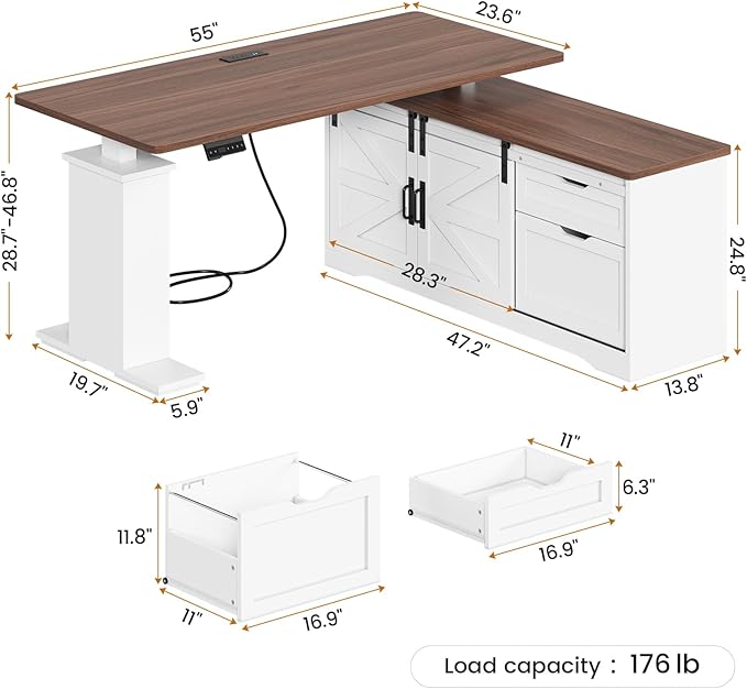 SEDETA Farmhouse L Shaped Standing Desk 55 inch Height Adjustable Corner Desk with Storage Drawers Standing Computer Desks with Power Outlets for Home Office White