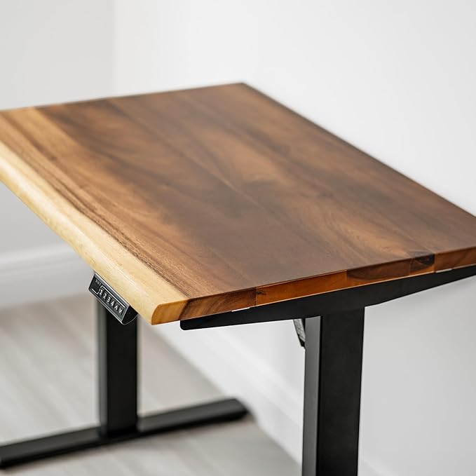 Small Standing Desk – Walnut Solid Wood Desk Natural Live Edge Adjustable Height Dual Motor Sit Stand for Home Office (Black W38 x D25)