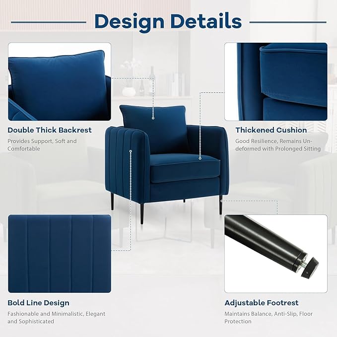 Blue Accent Chair for Living Room Modern Upholstered Accent Chair Comfy Velvet Armchair with Thick Cushion Single Sofa Arm Chairs for Bedroom Office Reading RoomClub (Blue)