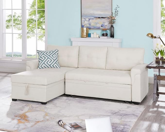 Naomi Home 85 in. Convertible Sofa with Storage Reversible L Shape Sofa Couch with Chaise Comfy Couches for Living Room Cream/Velvet
