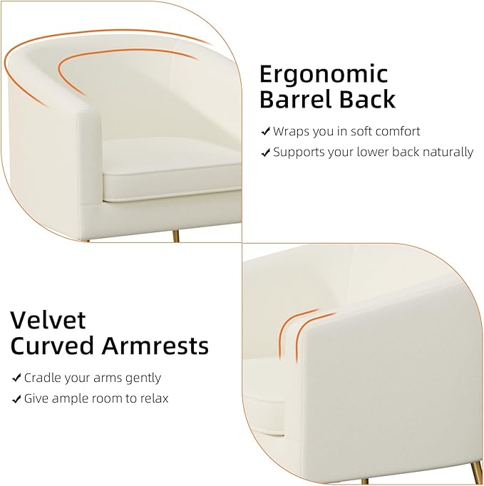 Velvet Barrel Chair Modern Accent Chair Set of 2 with Metal Sturdy Legs Club Chair Comfy Armchair Modern Tub Chair for for Living Room Bedroom Waiting Room White