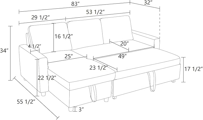 83 Inch L-Shape Sleeper Sofa with Pull Out Bed 3-in-1 Pull-Out Couch with Storage Chaise Sectional Convertible Couch for Living Room Apartment Black