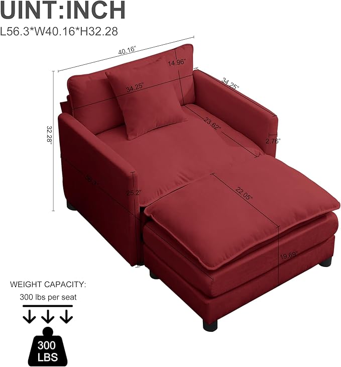Modern Accent Chair with Ottoman Set for Small Spaces Comfy Polyester Barrel Reading Chair - Ergonomic Design Non-Slip Feet Easy Assembly for Living Room Bedroom Adults (Red)