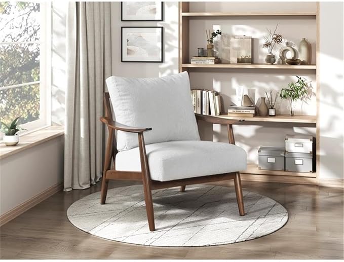 Pemberly Row Mid-Century Textured Fabric Accent Chair Beige Upholstery Rubberwood Frame Foam Padding Reversible Cushions Tapered Legs Versatile Living Room or Bedroom Seating