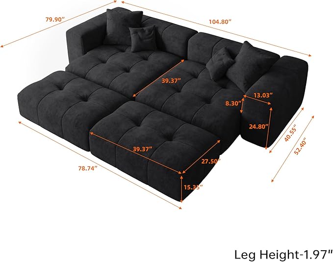 104 Love Seat Couch with Chaise Ottomans Modular Sectional Sofa Cloud Couch with Deep Seats Breathable Linen Fabric Sectional Couches for Living Room/Bedroom/Apartment Simple Assembly Black