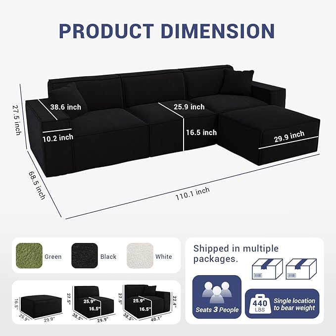 110Cloud Sectional Couch Chenille Boneless Couch L Shaped with Deep Seats &amp Wide Armrests Convertible Modular Sectional Sofa Memory Foam Compression Floor Sofa for Living Room No Assembly Requ
