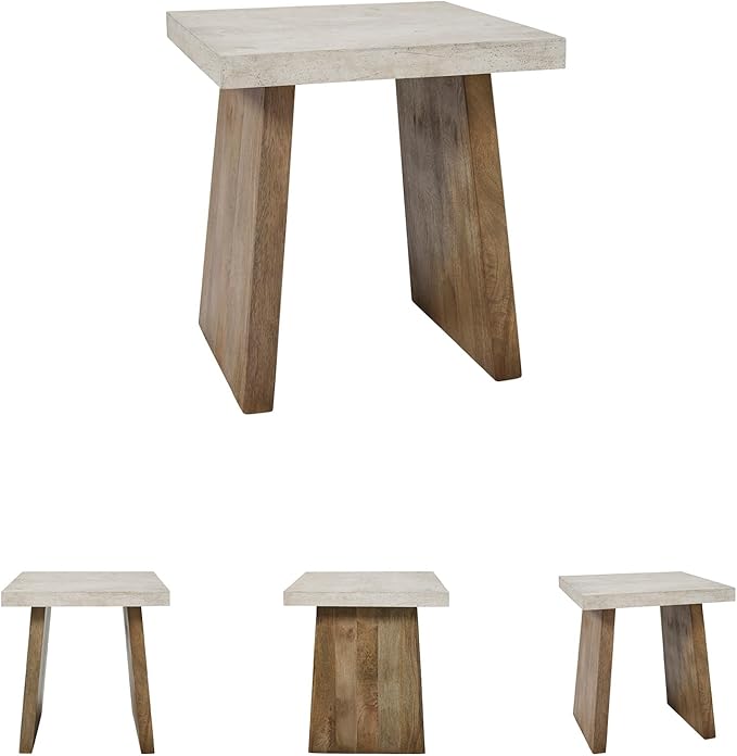 Signature Design by Ashley Brendalhouse Casual End Table with Faux Cement Top and Double Plinth Base Solid Mango Wood Melamine Laminate Casually Cool Design Light Brown &amp White