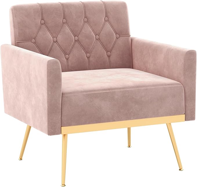 KOMFOTT Velvet Accent Chair Modern Tufted Armchair with Golden Metal Legs &amp Adjustable Foot Pads Upholstered Sofa Reading &amp Living Room Chair Pink