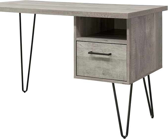 Grey Oak Writing Desk with Storage Home Office Compact Desk Modern Minimalist Gray Wash Wooden and Metal Frame