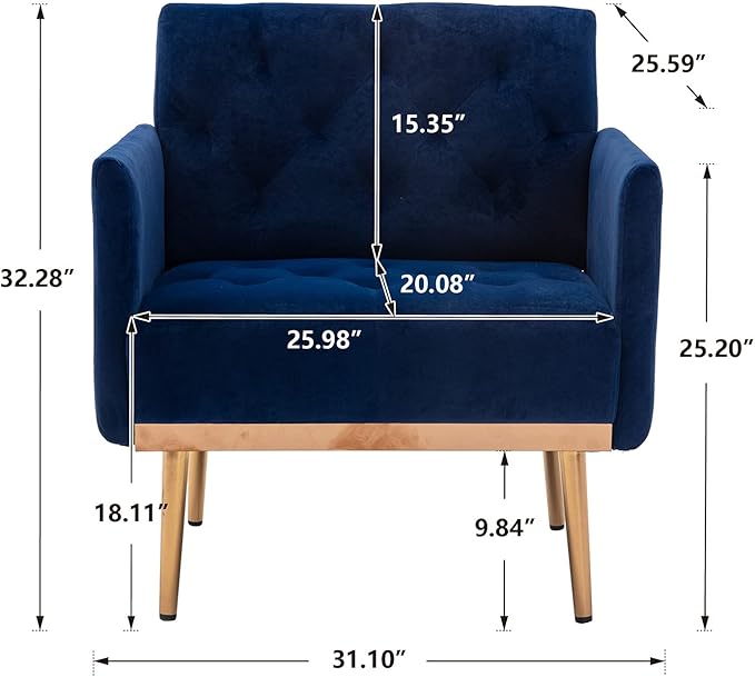 Modern Velvet Accent Chair Living Room Bedroom Leisure Single Sofa Chair (with Gold Metal feet) TV armrest seat Suitable for Small Space Home Office Coffee Chair (Blue)