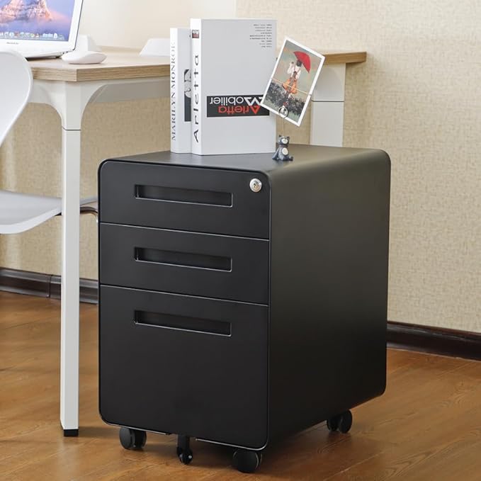Modern 3-Drawer Mobile Filing Cabinet with Lock for Office or Home Use – Metal Storage Organizer for Letter Legal &amp A4 Files (YH-Black)