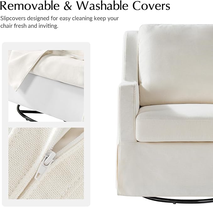 HULALA HOME Swivel Rocker Chair Farmhouse Swivel Rocking Accent Chair with Washable Slipcover Fabric Upholstered Barrel Armchair with Down Filled Cushions Ivory