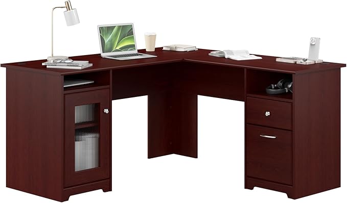 Bush Home Cabot 60W L Shaped Computer Desk with Storage in Harvest Cherry 60-inch Corner Table with Drawers for Home Office Workspace