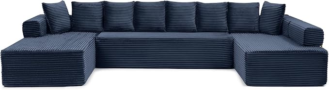 145 inch Modern Sectional Couch for Living Room Oversized Cloud Boneless Couch with Freely Movable Armrest and Fixed-Shape Frame Blue Modular Sofa U Shape Couches | No Assembly Required Free Combin