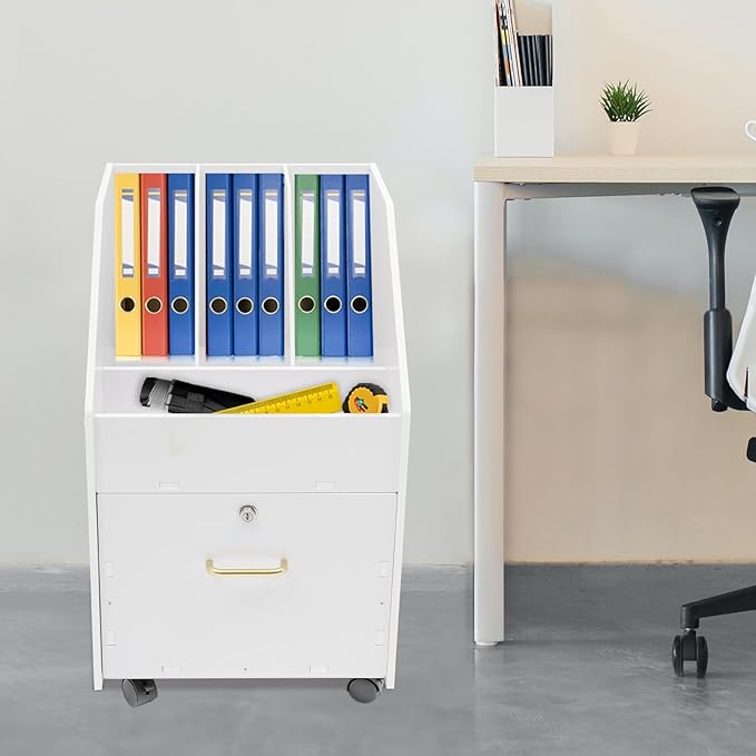 Mobile File Cabinet with Lock Freestanding Rolling File Cabinet with 6 Wheels 15.75x18.9x23.8in Under Desk File Organizer for Home Office Practical Handle (White)
