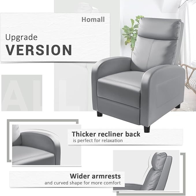 Homall Recliner Chair Recliner Sofa for Adults Recliners Home Theater Seating with Lumbar Support Reclining Sofa Chair for Living Room (Leather Grey)