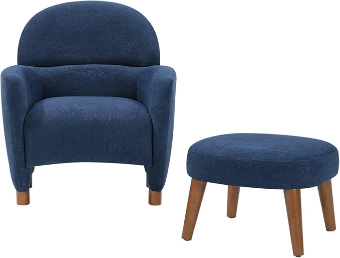 Modern Barrel Chair with Ottoman Upholstered Armchair with Wooden Legs Backrest Single Sofa Soft Cushion Seating Comfy Lounge Chair for Living RoomBedroomReading Corner (Blue)