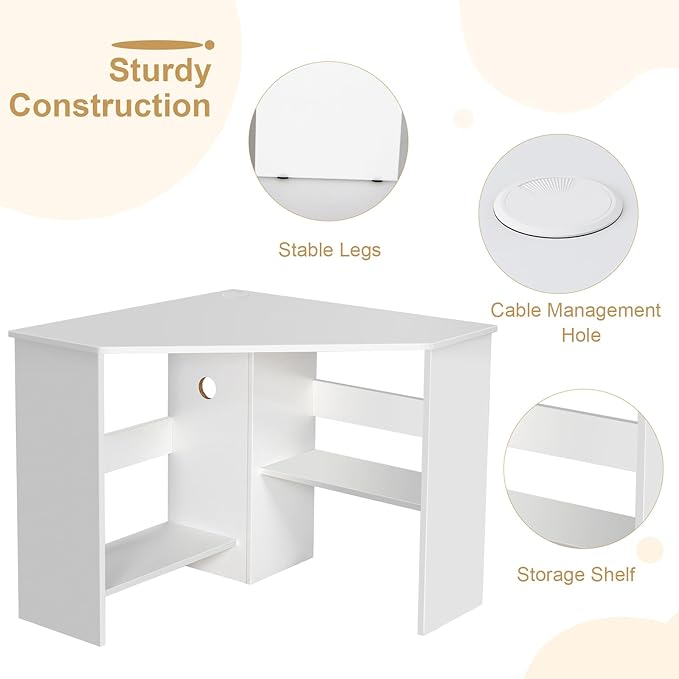 Tangkula White Corner Desk - 90 Degrees Triangle for Computer Small Space Bedroom Makeup Vanity Desk with Storage Shelves &amp CPU Stand Space Saving Writing Desk