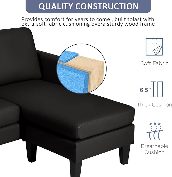 Grepatio Faux Leather Sectional Sofa Convertible L Shape Couch with Reversible Chaise 3-Seat Sectional Sofa for Apartment Small Space Black