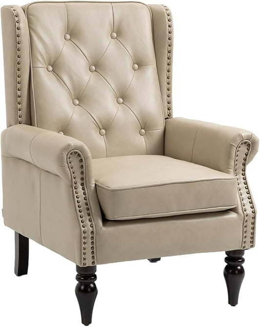 Mid-Century Wingback Chair PU Leather Accent Chair with Buttons Modern Living Room Lounge Sofa Chair with Rivet DecorationSingle Club Armchair for Bedroom Home Reception(PU Camel)