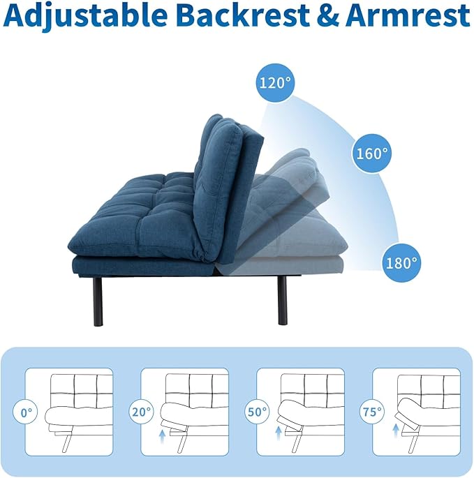 MUUEGM Futon Sofa Bed 71 Convertible Linen Memory Foam Couch Bed Modern Backrests Armrests Love Seat for Living RoomApartmentOfficeBlue Sleeper Couch