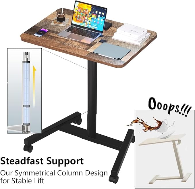28-Inch Mobile Standing Desk Adjustable Height Portable Standing Desk with Lockable Wheels Rolling Table for Home Office Classroom Hospital (Rustic Brown Aluminum Pro)