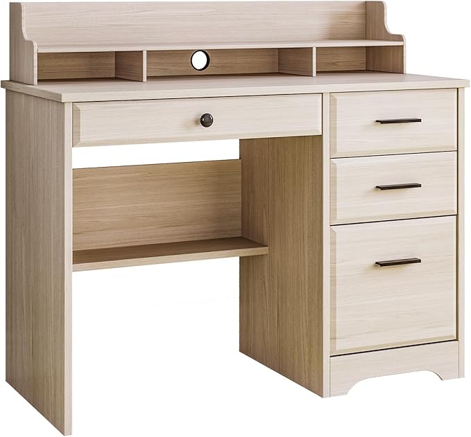 4 EVER WINNER Small Desk with Drawers Computer Desk with File Cabinet &amp Monitor Stand Home Office Desks with Drawers Wood Writing Desk for Bedroom Off White