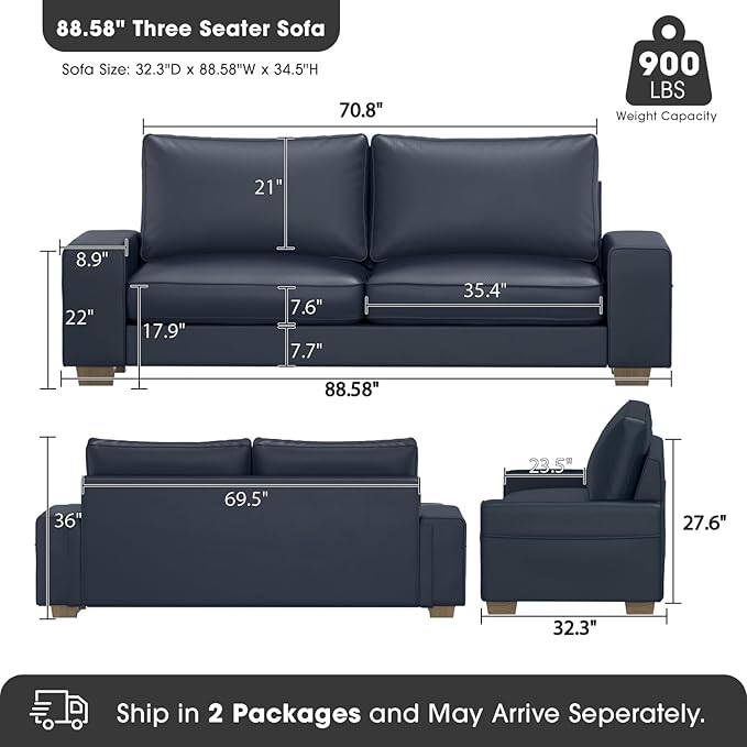 Faux Leather Couch Mid Century Modern Comfy Loveseat Sofa with Wide Arm Side Pockets Solid Wooden Frame for Office Living Room and Bedroom 3 Seater (Blue 88.58 inches)