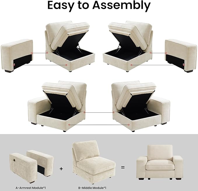 45 Accent Chair Oversized Wide Armchair with Seat Storage and Side Pockets Single Sofa Chair Modern Chenille Couch for Living Room Office Apartment Washable CoversUSB Charging Port Beige